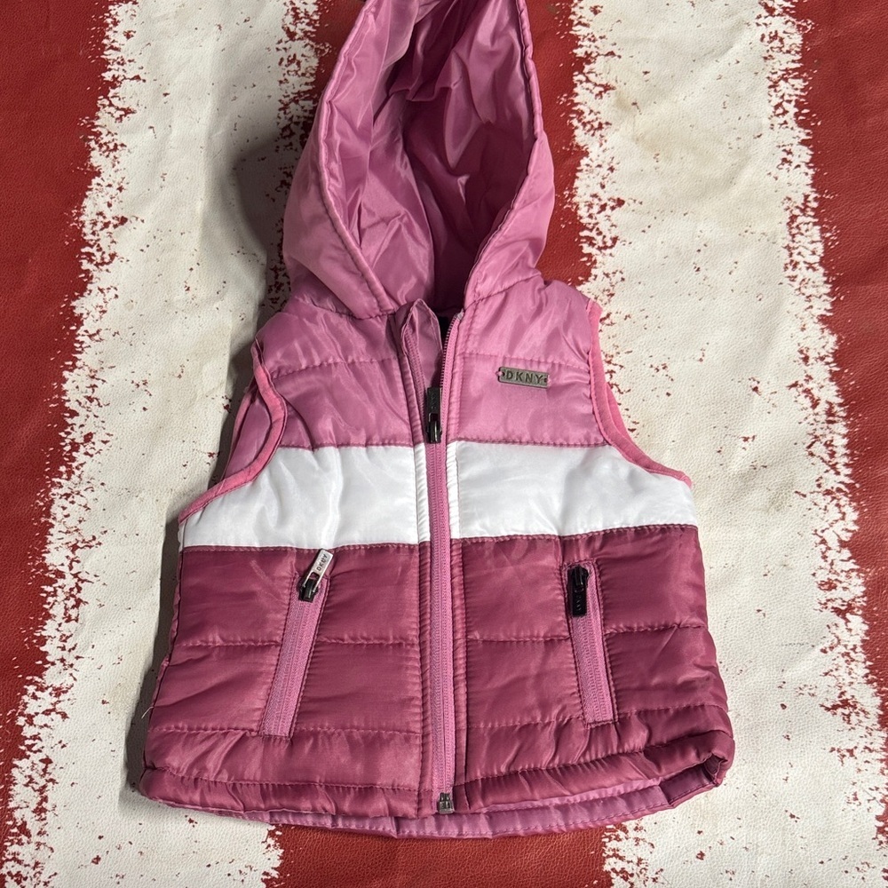 DKNY Pink and White Hooded Puffer Vest